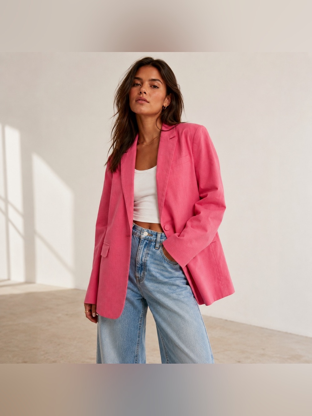 Abercrombie & Fitch Blazer Jacket Womens Large Pink Oversized Linen Blend